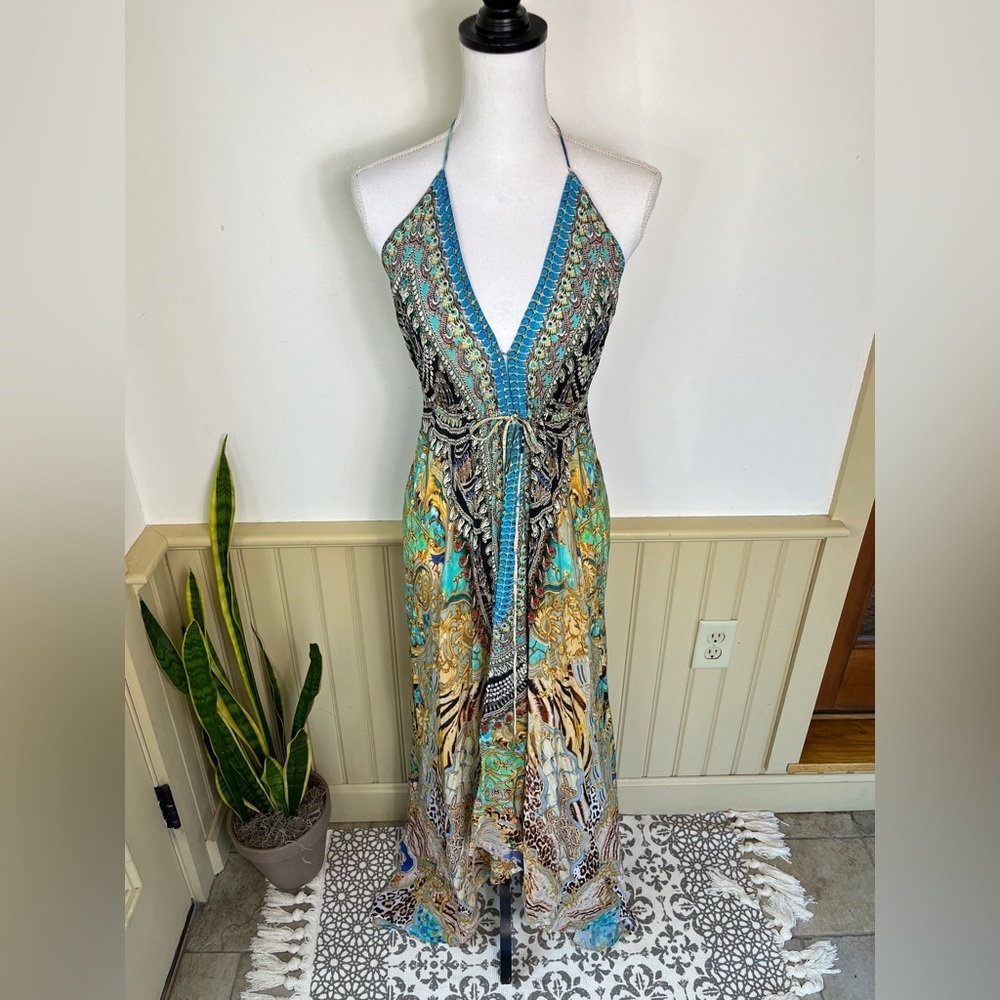 Bejeweled Tropical Maxi Dress Hi-Low Resort Cruise Love Island Boho Vaca Cruise - Picture 4 of 16